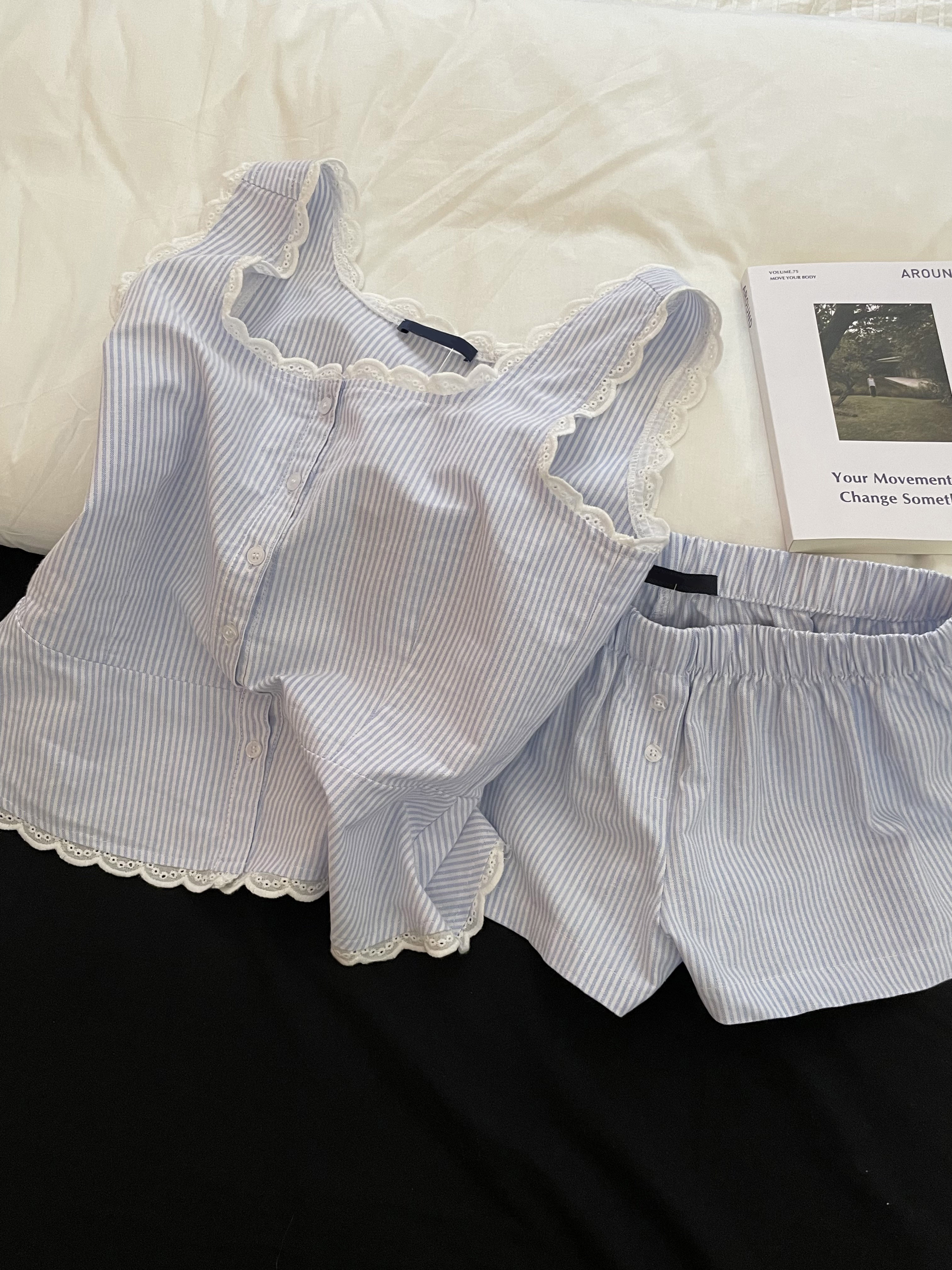 Blue Striped Shorts 2 Piece Se - Elastic Lace Trim ulasan dan harga